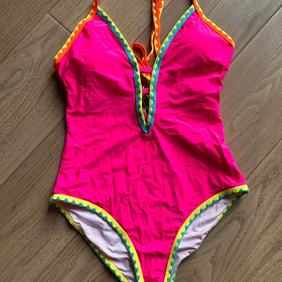 Popvil neon pink one-piece swimsuit with a deep V-neck and multi-color trim Med - Picture 2 of 5
